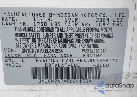 2014 Nissan Versa S/S Plus/Sv/Sl from USA, damaged, VIN 3N1CN7APXEL841534